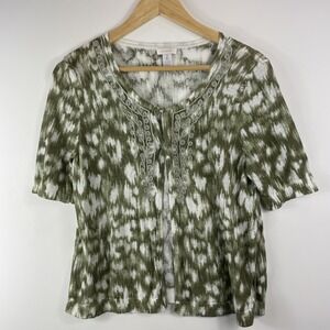 Chicos Womens 2 Large 12 Green Tie Dye Boho Short Sleeve Light Open‎ Cardigan